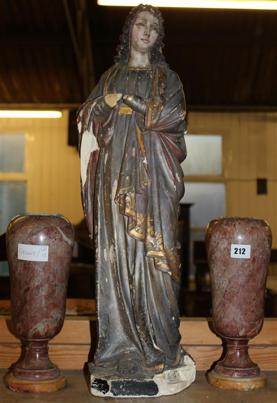 Religious figure & 2 marble urns